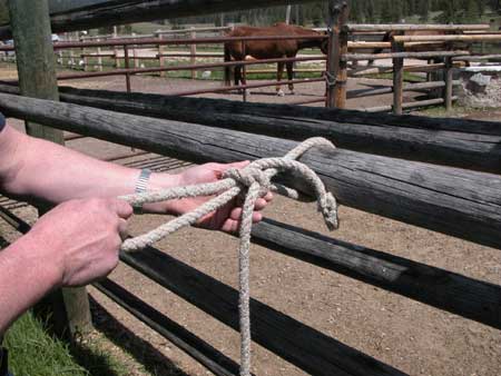 Photo of a man tying a basic horse-tie knot on a fence rail.