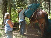 Carol, Gail & Dan loading mule
