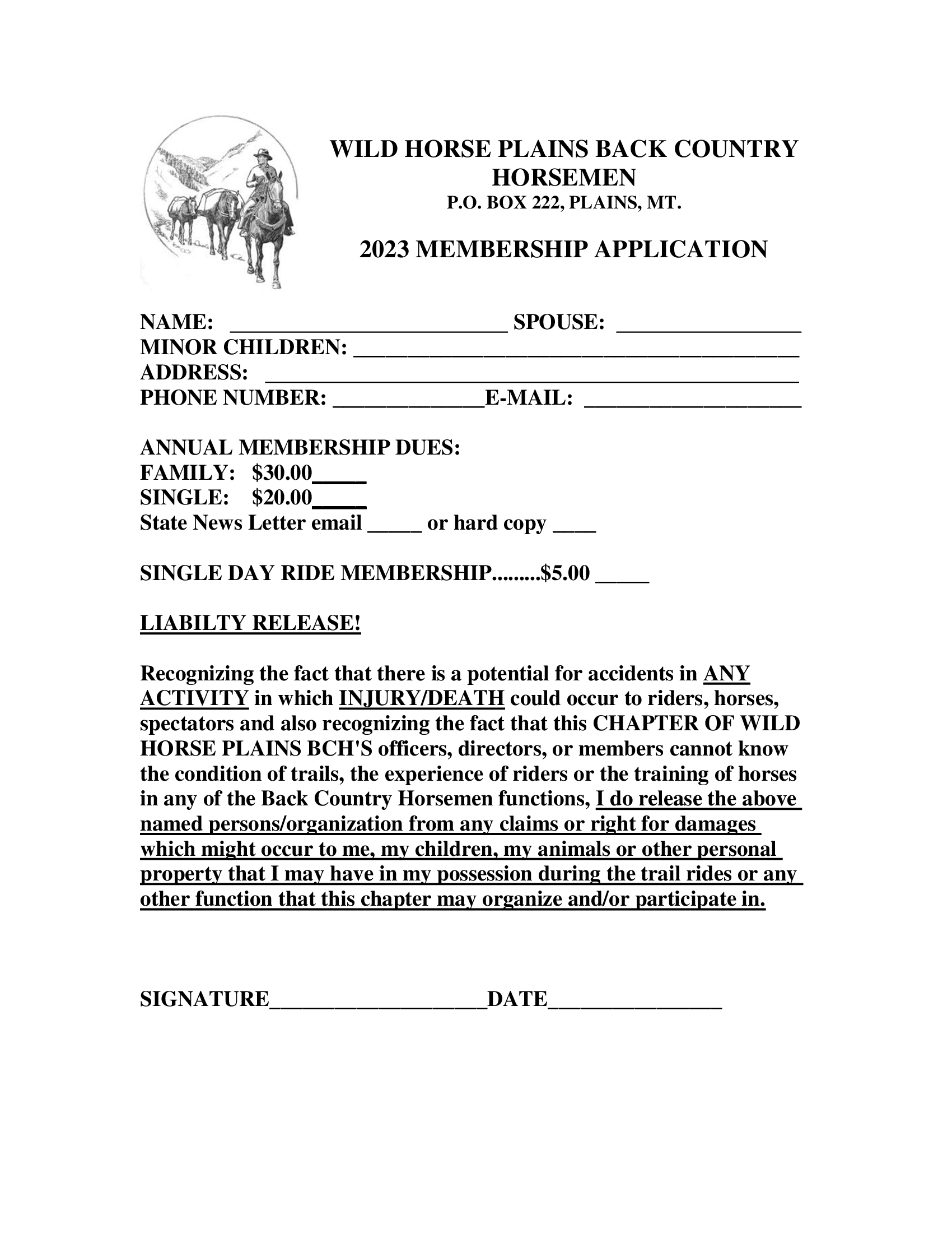 References, Forms, etc. Wild Horse Plains Back Country Horsemen